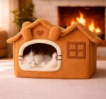 Oumo Villa Kedi Evi Peluş Kapalı Kedi Yatağı Minderli Katlanır Kedi Evi L Boy (Camel)