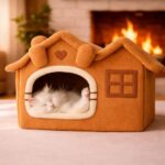 Oumo Villa Kedi Evi Peluş Kapalı Kedi Yatağı Minderli Katlanır Kedi Evi L Boy (Camel)