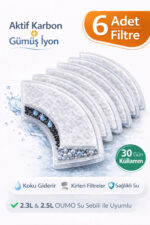 OUMO Kedi Su Sebili Yedek Filtre 6 Adet - Aktif Karbon + Gümüş İyon - 2.3L / 2.5L Uyumlu