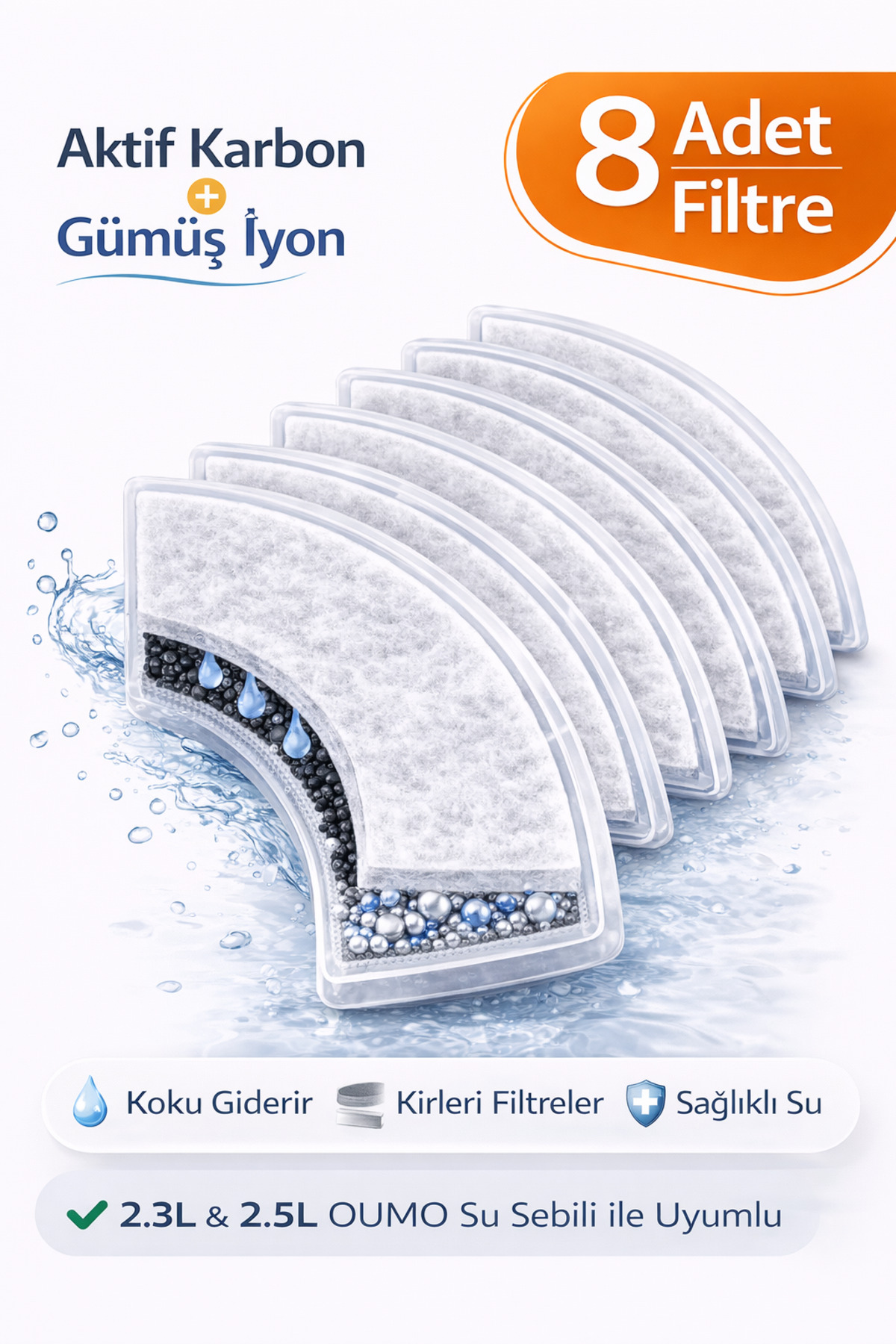 1_org_zoom-5.jpg OUMO Kedi Su Sebili Yedek Filtre 8 Adet - Aktif Karbon + Gümüş İyon - 2.3L / 2.5L Uyumlu - Görsel 1