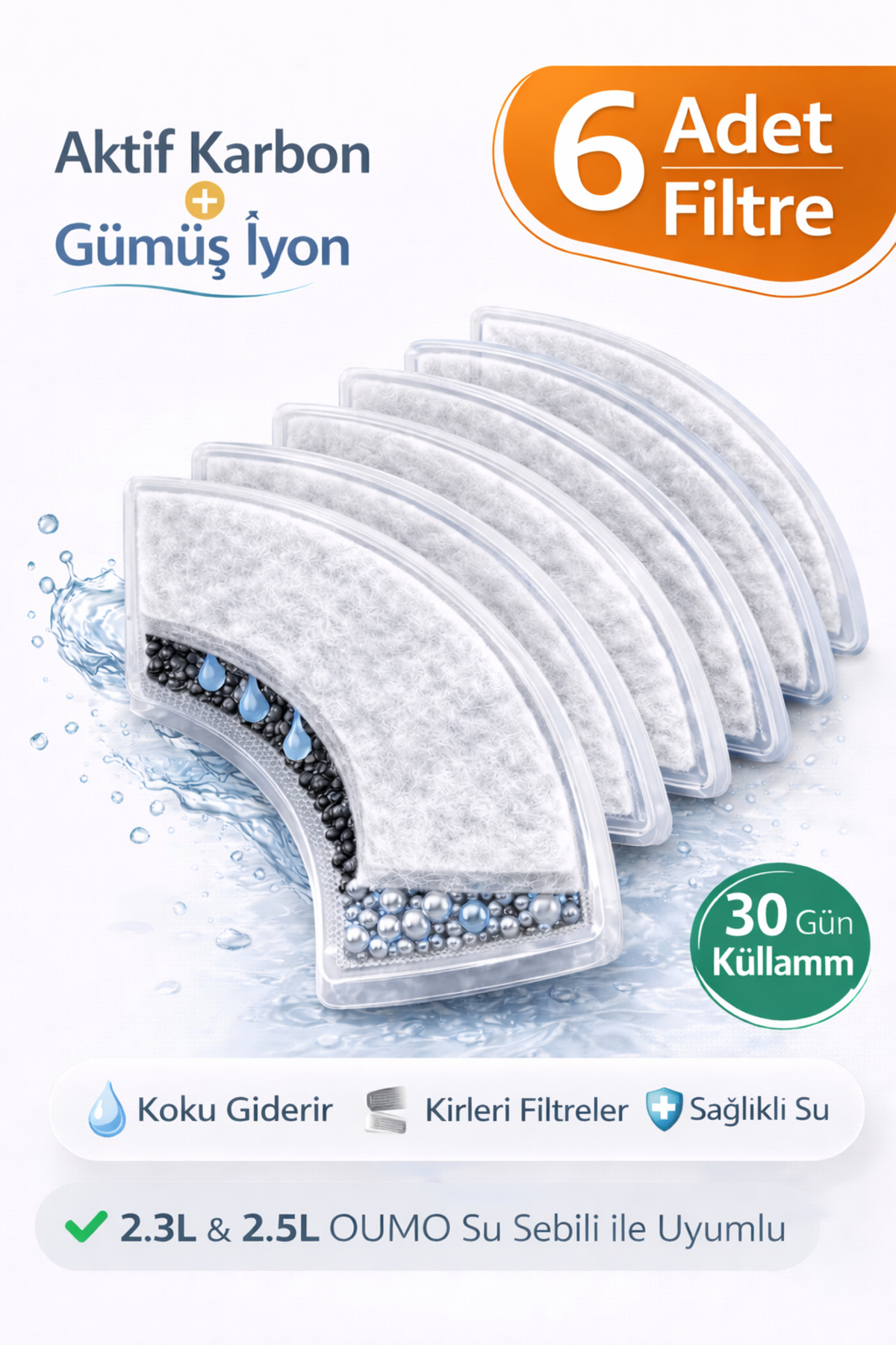 1_org_zoom.jpg OUMO Kedi Su Sebili Yedek Filtre 6 Adet - Aktif Karbon + Gümüş İyon - 2.3L / 2.5L Uyumlu - Görsel 1